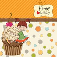 birthday card with funny girl perched on cupcake N5