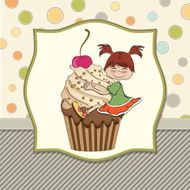 birthday card with funny girl perched on cupcake N7