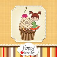 birthday card with funny girl perched on cupcake N8