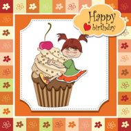 birthday card with funny girl perched on cupcake N9
