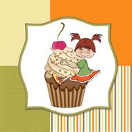 birthday card with funny girl perched on cupcake N10