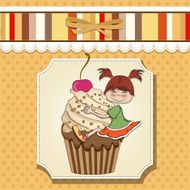 birthday card with funny girl perched on cupcake N12