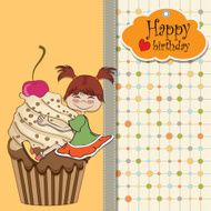 birthday card with funny girl perched on cupcake N13