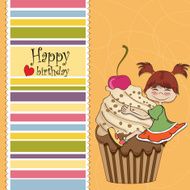 birthday card with funny girl perched on cupcake N14