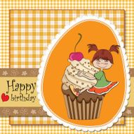 birthday card with funny girl perched on cupcake N17