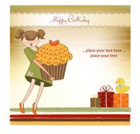 Happy Birthday card with girl and cup cake N6