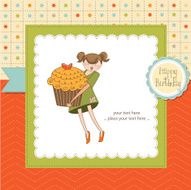 Happy Birthday card with girl and cup cake N18