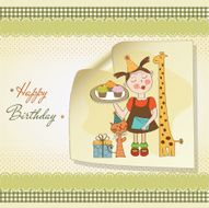 Happy Birthday card with funny girl animals and cupcakes