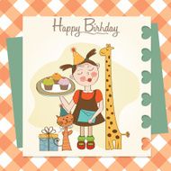 Happy Birthday card with funny girl animals and cupcakes N2