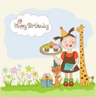 Happy Birthday card with funny girl animals and cupcakes N8