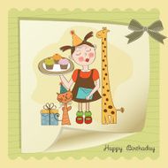 Happy Birthday card with funny girl animals and cupcakes N9