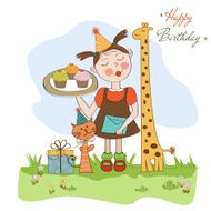 Happy Birthday card with funny girl animals and cupcakes N10