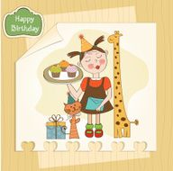 Happy Birthday card with funny girl animals and cupcakes N11