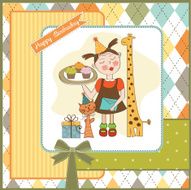 Happy Birthday card with funny girl animals and cupcakes N14