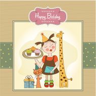 Happy Birthday card with funny girl animals and cupcakes N15