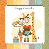 Happy Birthday card with funny girl animals and cupcakes N16