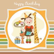 Happy Birthday card with funny girl animals and cupcakes N18