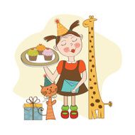 Happy Birthday card with funny girl animals and cupcakes N19