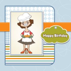 birthday greeting card with funny woman and pie N2