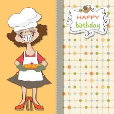 birthday greeting card with funny woman and pie N3