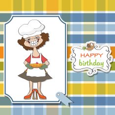 birthday greeting card with funny woman and pie N4