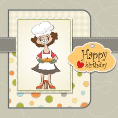 birthday greeting card with funny woman and pie N7