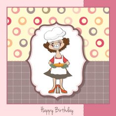 birthday greeting card with funny woman and pie N8
