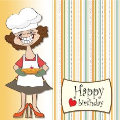 birthday greeting card with funny woman and pie N9