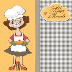 birthday greeting card with funny woman and pie N10