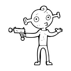 cartoon alien with ray gun N15