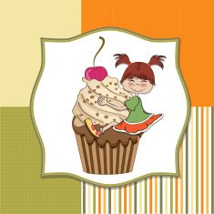birthday card with funny girl perched on cupcake N10