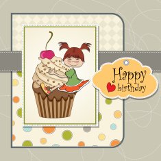 birthday card with funny girl perched on cupcake N11