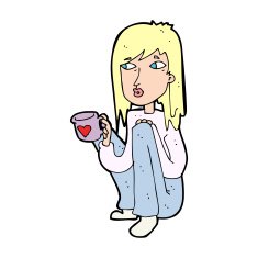 cartoon woman sitting with cup of coffee N15