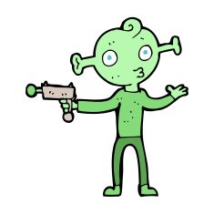 cartoon alien with ray gun N16