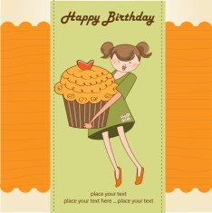 Happy Birthday card with girl and cup cake N12