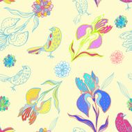 Vintage floral seamless pattern iris and birds