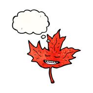 cartoon red maple leaf with thought bubble N3