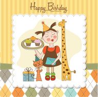 Happy Birthday card with funny girl animals and cupcakes N20