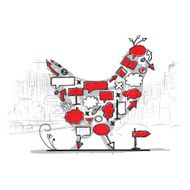 Sketch of chicken shape with arrows and frames cityscape background