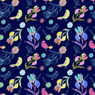 Vintage floral seamless pattern iris and birds N2