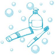 hand-drawn sketch with toothpaste soap and toothbrush