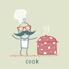cook stands next to a pot