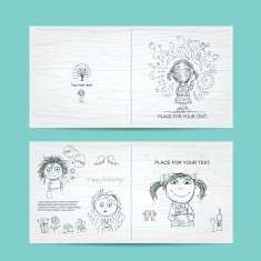 Birthday card template with cute girls sketch for your design N2