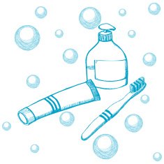 hand-drawn sketch with toothpaste soap and toothbrush