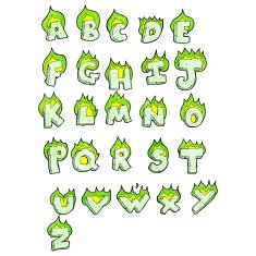 cartoon flaming green letters alphabet N5