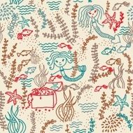 seamless doodle pattern with algae and mermaids
