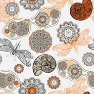 vector seamless pattern with sunglasses flowers shells and dragonflies
