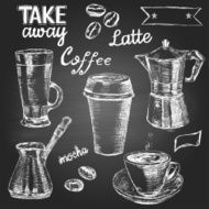 Set of hand drawn coffee cups and items