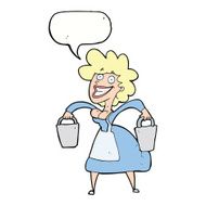 cartoon milkmaid carrying buckets with speech bubble N10