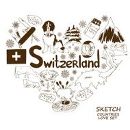 Symbols of Switzerland in heart shape concept